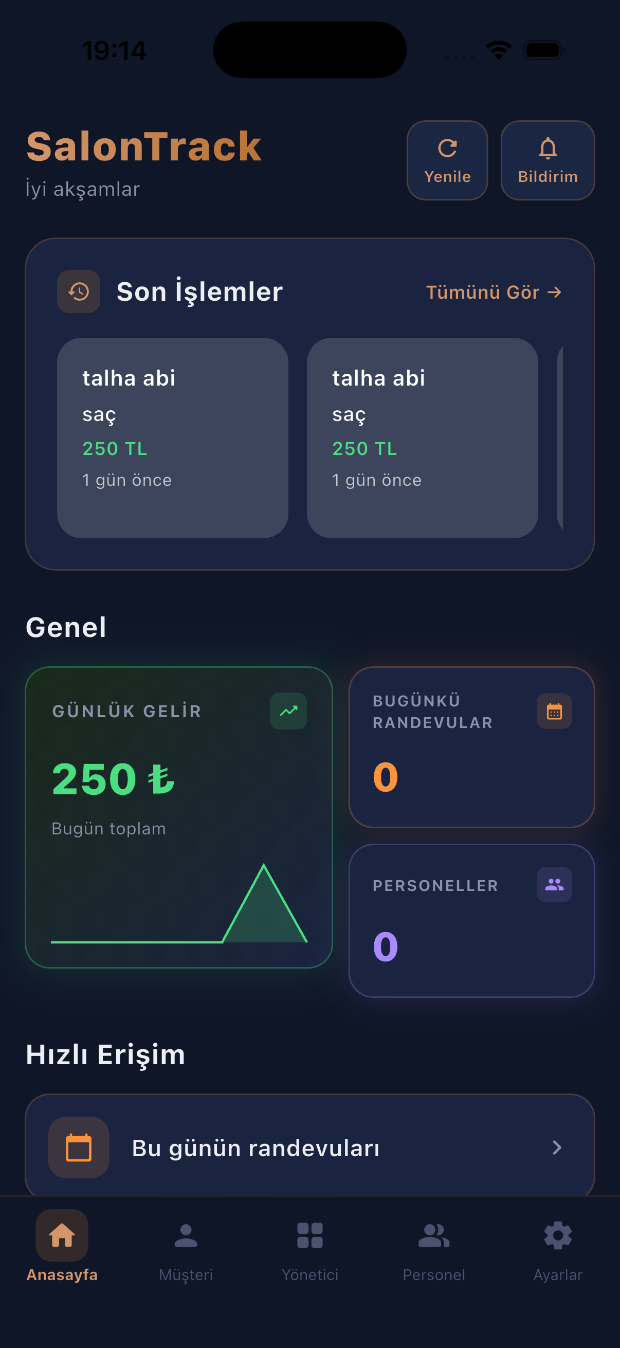 SalonTrack uygulama ekrani - berber randevu sistemi